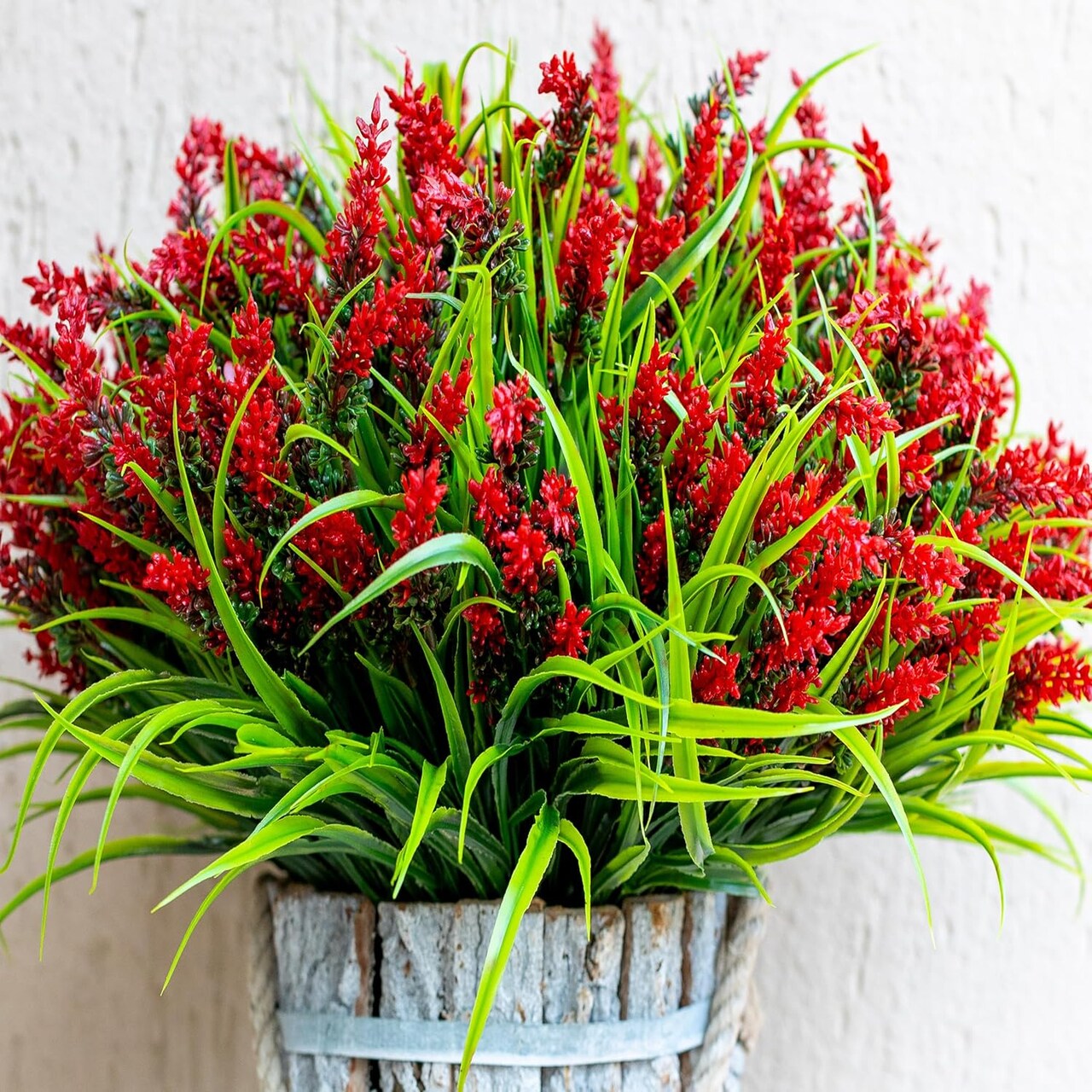 Artificial Flowers for Outdoors Plants - 20 Bundles Fake Lavender Plastic Faux Monkey Grass UV Resistant for Home Decorations (20, Red)